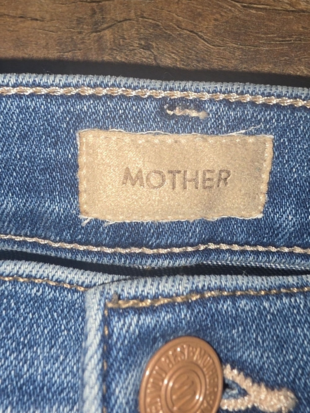MOTHER Medium Blue Denim Jeans with Tan Patch